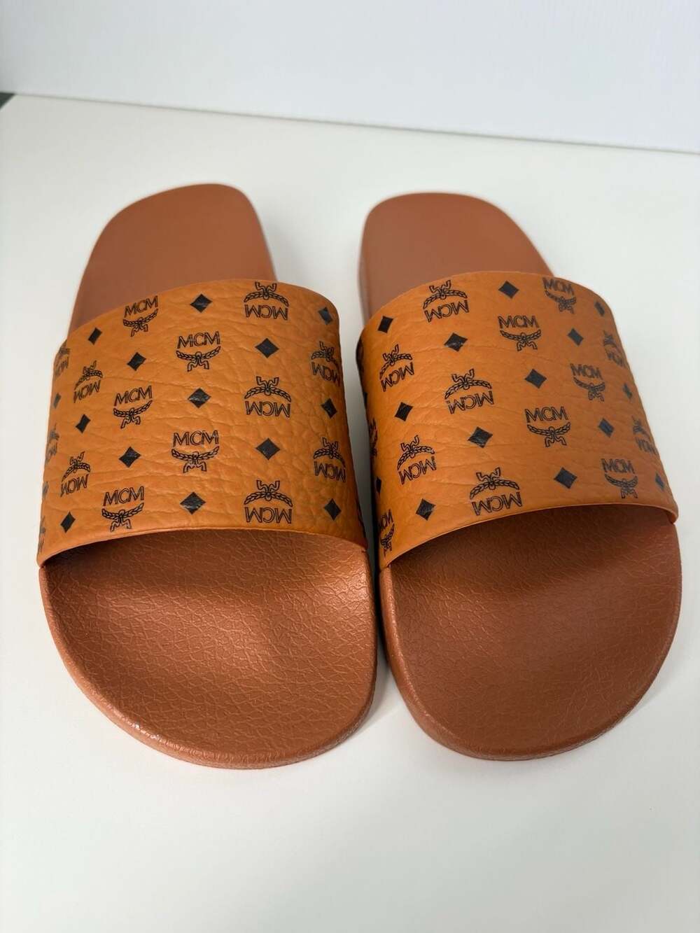 MCM Monogram Print Rubber Slide Sandals in Cognac men’s EU 42/US 9 Runs Small Ne
